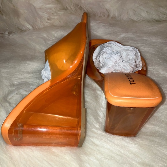 Torrid Sandal Orange Lucite Clear Heels Wedge Mule Slide - Picture 7 of 11